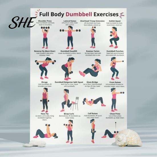 Istruzioni Esercizi con Manubri 5 Pezzi Poster Allenamento, Grafico da Casa per Braccia Allenamento Corpo Intero Gambe Fianchi Core, Guida Wall Art Senza Video
