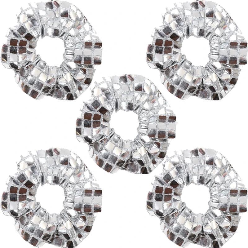 

5 шт. Резинки для волос с пайетками в виде диско-шара, повязка на голову для музыкальной диско-вечеринки в стиле 1970-х, аксессуар для волос, декор для девичника, свадьбы серебряный