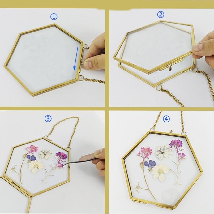 Doppelglas-Blumenpressen-Rahmen Hängender Doppelglasrahmen Goldene schwebende Fotorahmen mit Kette für Galerie-Kunstwerke