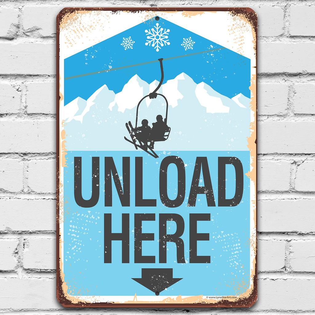 f1Vintage Ski Signs Ski Lift Unload Here Ski Metal Sign Use IndoorOutdoor Great Ski Lodge Decor Ski Condo Decor and M