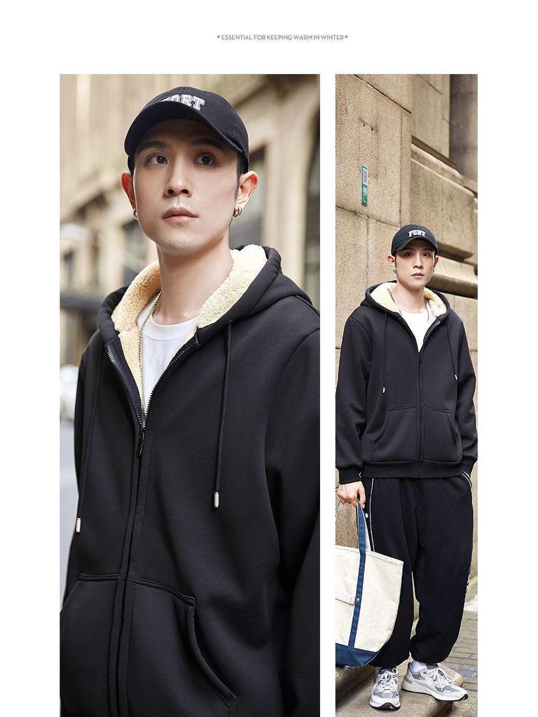 2024 Men's Thick Plush Lambskin Stand Collar Sweater Jacket