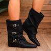 Autumn and Winter New Large Size Women's Mid-tube Leather Boots Pointed Stacking Boots Belt Buckle Design Fashion Short Boots