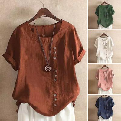 Women Summer T-shirt Round Neck Short Sleeve Buttons Decor Tee Shirt Solid Color Loose Fit Pullover Tops Daily Wear