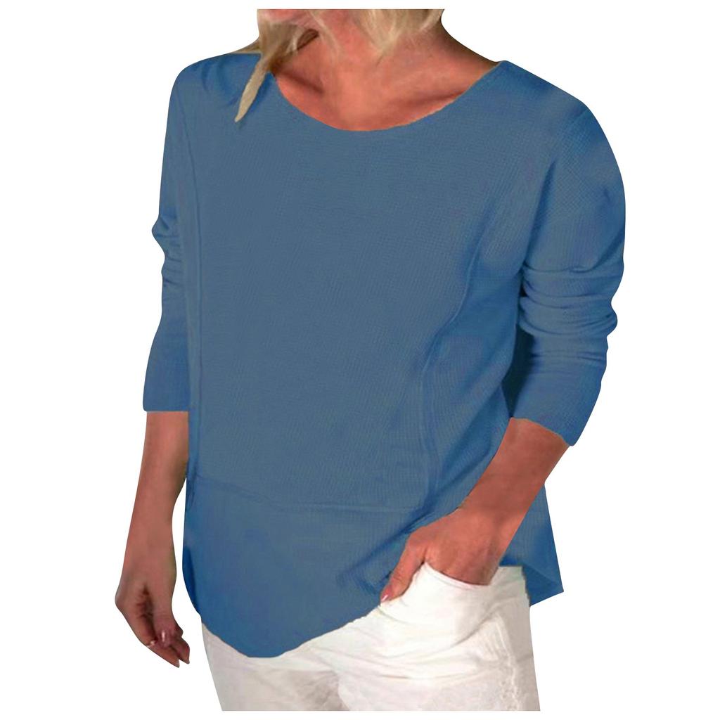 Fashion Women's Casual Solid Color Round Neck Long Sleeve Loose T Shirt Tops