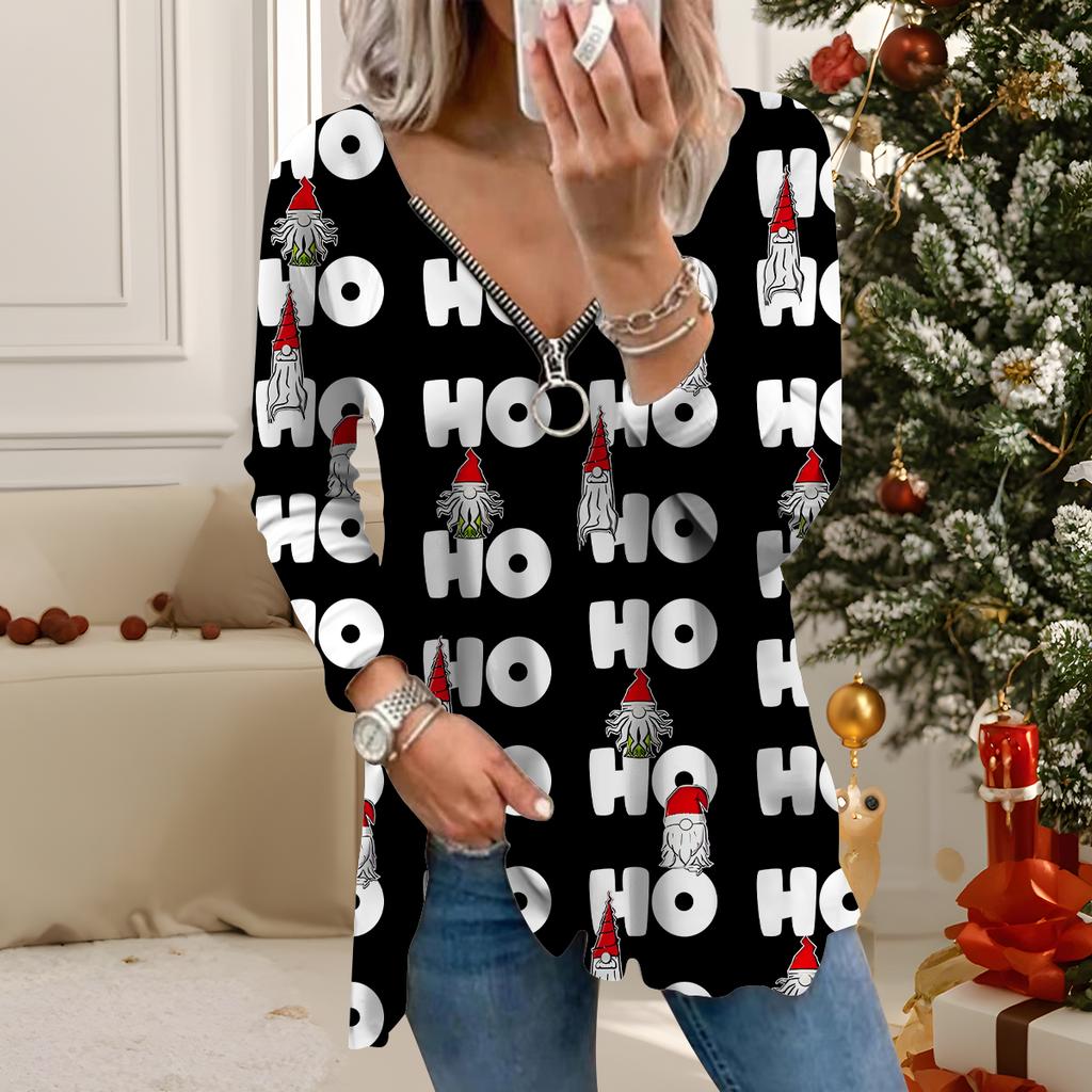 Damer Høst Jul Trykte Langermet T-skjorter Løse V-hals Pluss Størrelse T-skjorte Topper Komfortabel Bluse