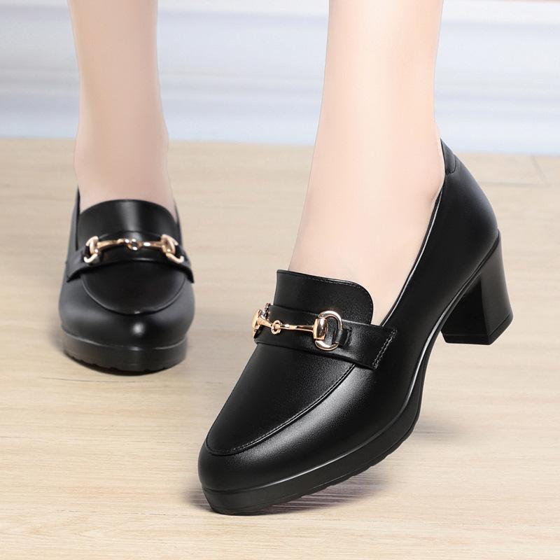 Women High Heels Platform Pumps Spring Autumn New Fashion Metal Buckle Black Office Shoes Woman Soft Leather Shoes Femme