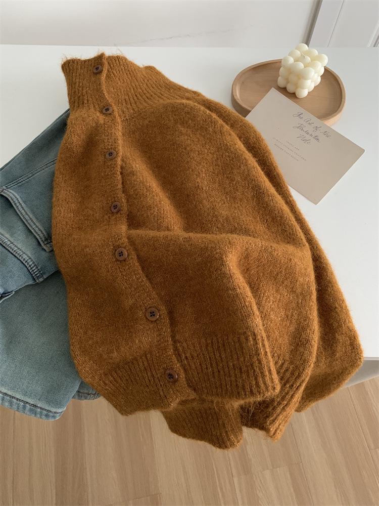 Korean Minimalist Wool High Neck Women's Button-Up Cardigan – Trendy Autumn/Winter Knitwear