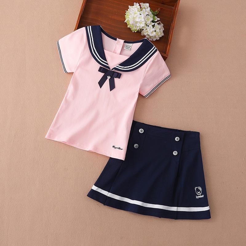 

Детские комплекты из двух предметов, летние детские хлопковые комплекты для девочек с короткими рукавами, юбка-поло с отложным воротником + верхний костюм, комплект одежды для маленьких девочек