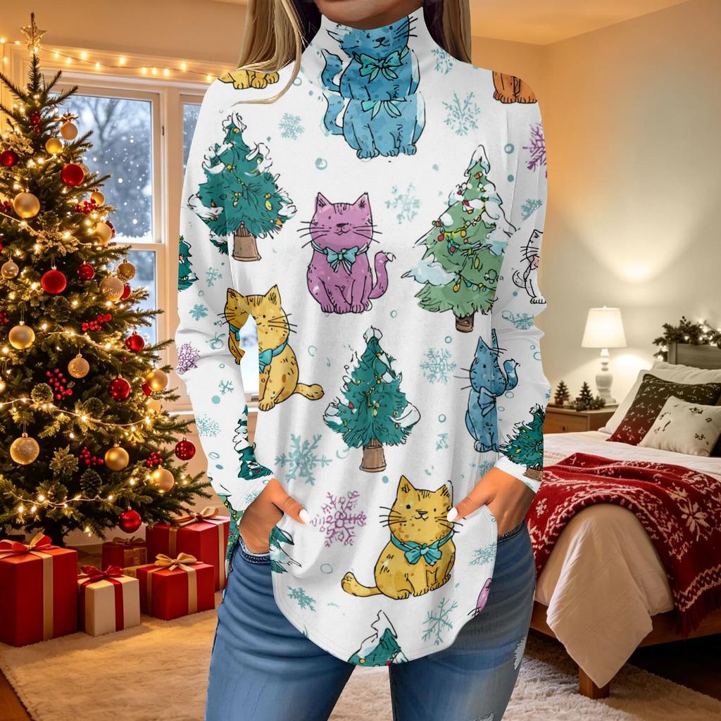 Women's Loose Fit Turtleneck Christmas Print Long Sleeve Pullover Top for Holiday