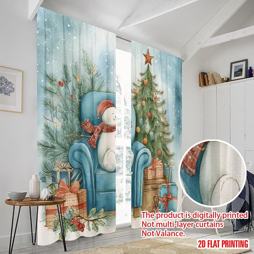 2pcs,2D Plane Printing Popular Curtains Snowman & Snowflake Polyester Easy Install (without Rod) Festive for Kitchen, Bedroom &