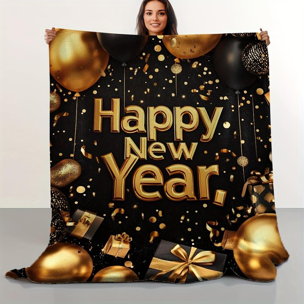 

Golden New Year Throw, Black Base Champagne Design, Plush Flannel for Celebrations, Luxury Festive Accent Piece 75x90cm