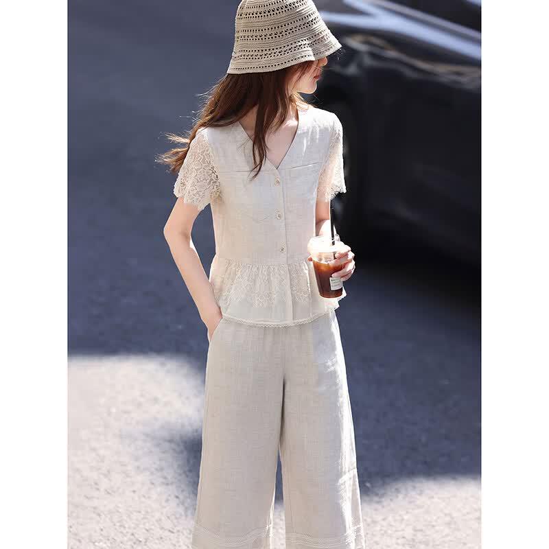 Lyocell & Linen Blend Lace Patchwork Shirt & Cropped Pants Set