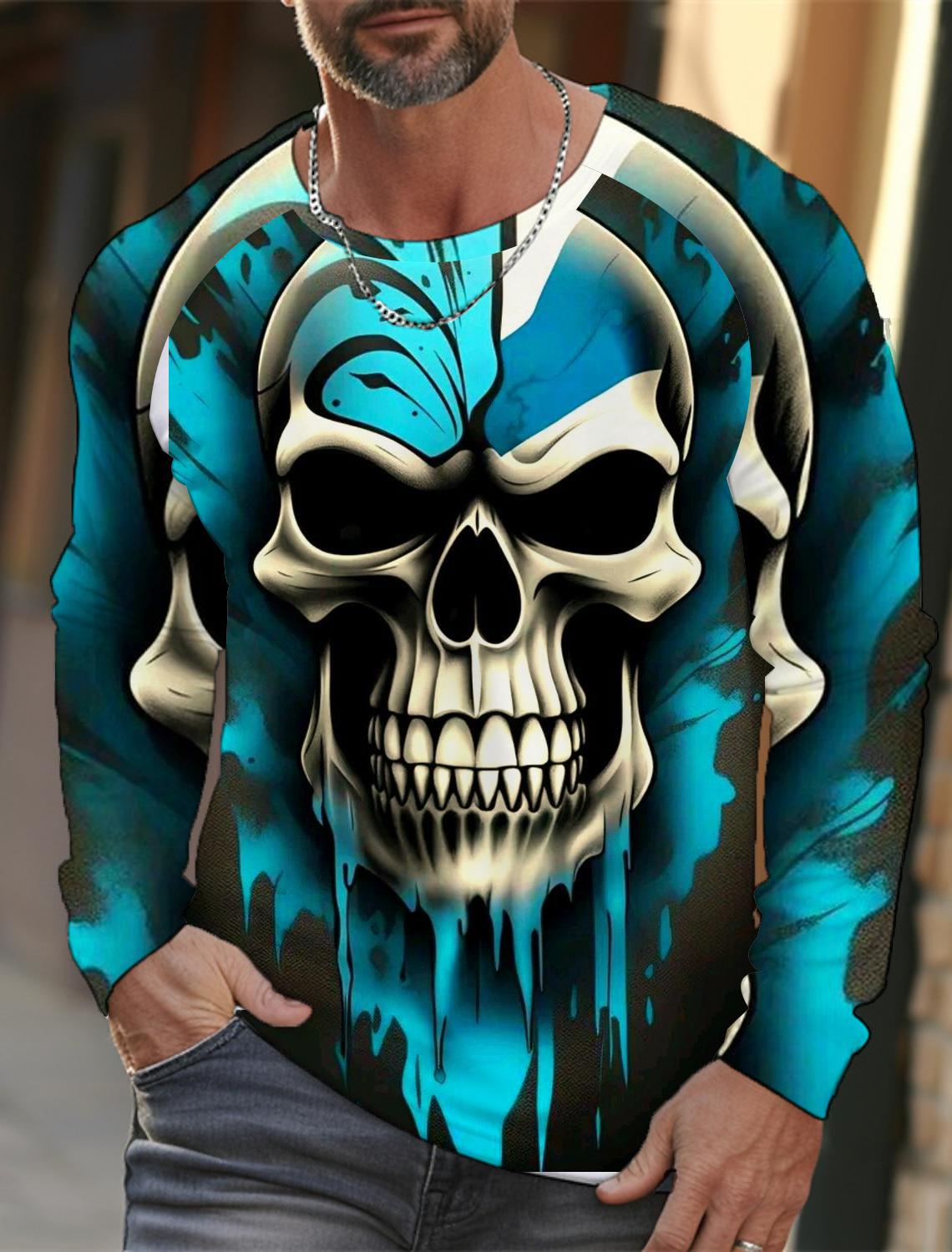 

Мужская футболка с длинными рукавами, напечатанная на 3D-принтере с высоким разрешением, вышитый рисунок черепа, мужские осенние топы, повседневная домашняя одежда с круглым вырезом 6XL