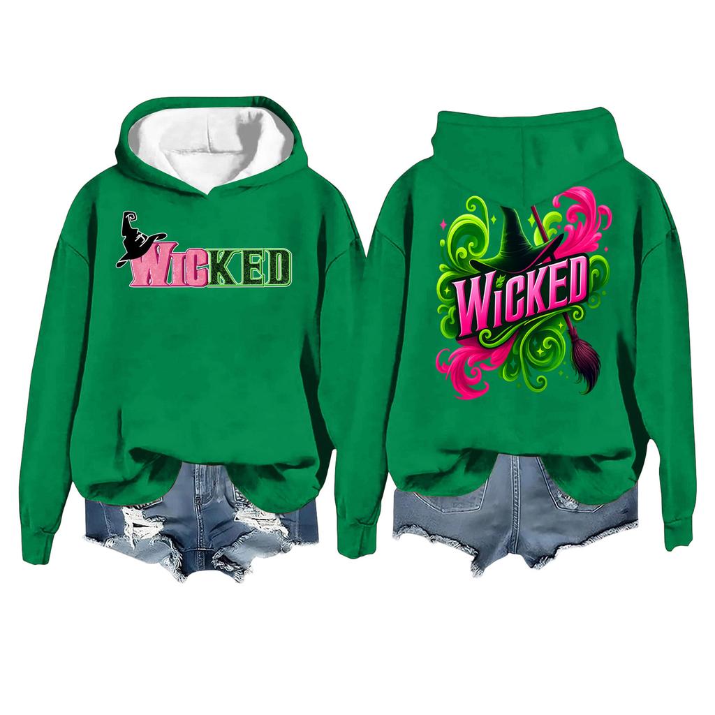 Women's Casual Long Sleeve Pullover Witch Print Hooded Sweatshirt