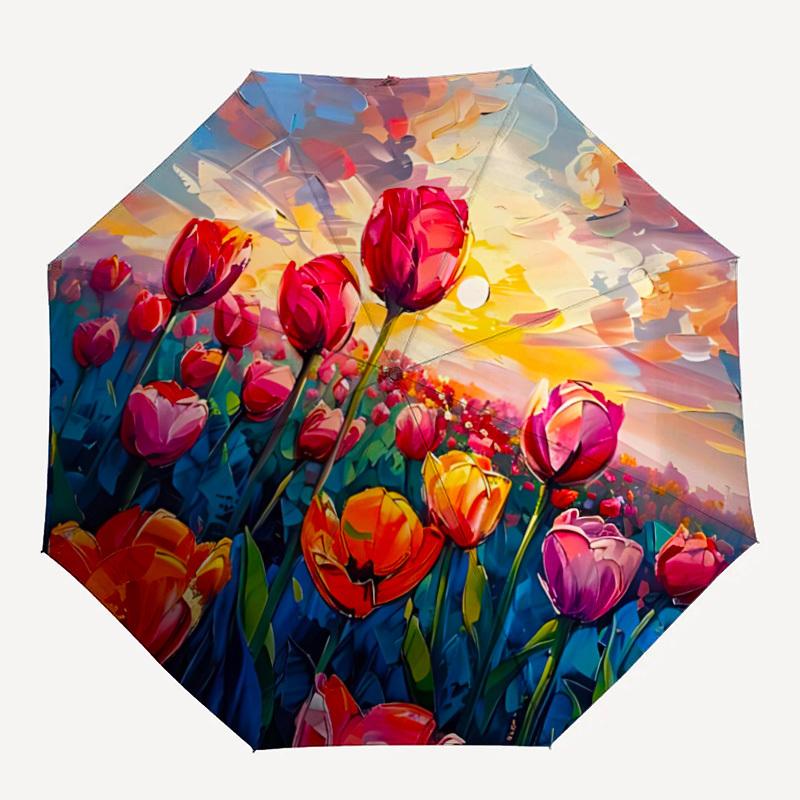 1PC Tulips Sunset Automatic Folding Umbrella, Portable & Foldable Design with 8 Ribs, 32
