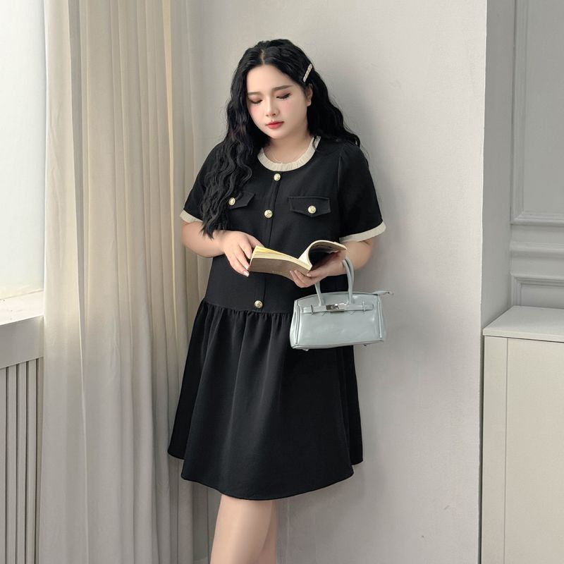

Plus size women clothing [Graceful Skirts] Chubby Girl Contrast Color Patchwork Short sleeve 100.00kg Super Slimming Western Style Dress Classic Black 9xl