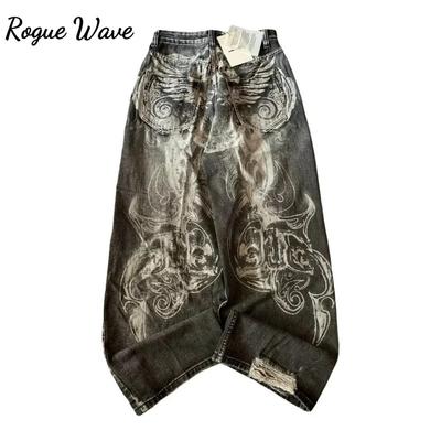 RogueWave Y2K High Street Σκοτεινή Μόδα Γοτθικά Unisex Τζιν Αμερικάνικο Harajuku Φαρδιά Ίσια Παντελόνια Χιπ Χοπ Ροκ Τάση Φαρδιά Παντελόνια