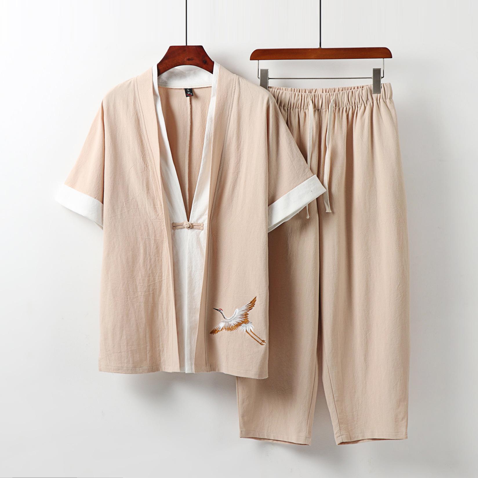 

Мужская одежда, спортивный костюм большого размера, летний костюм для мужа, льняная футболка, модный мужской комплект, китайский стиль, плюс из двух предметов XXXXXL бежевый