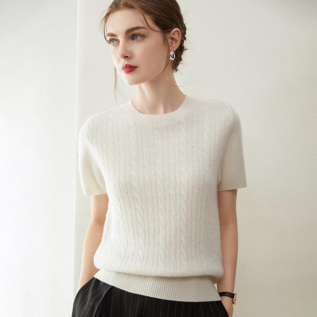 Women's Pure Cashmere Short Sleeve Round Neck Cable Knit Sweater