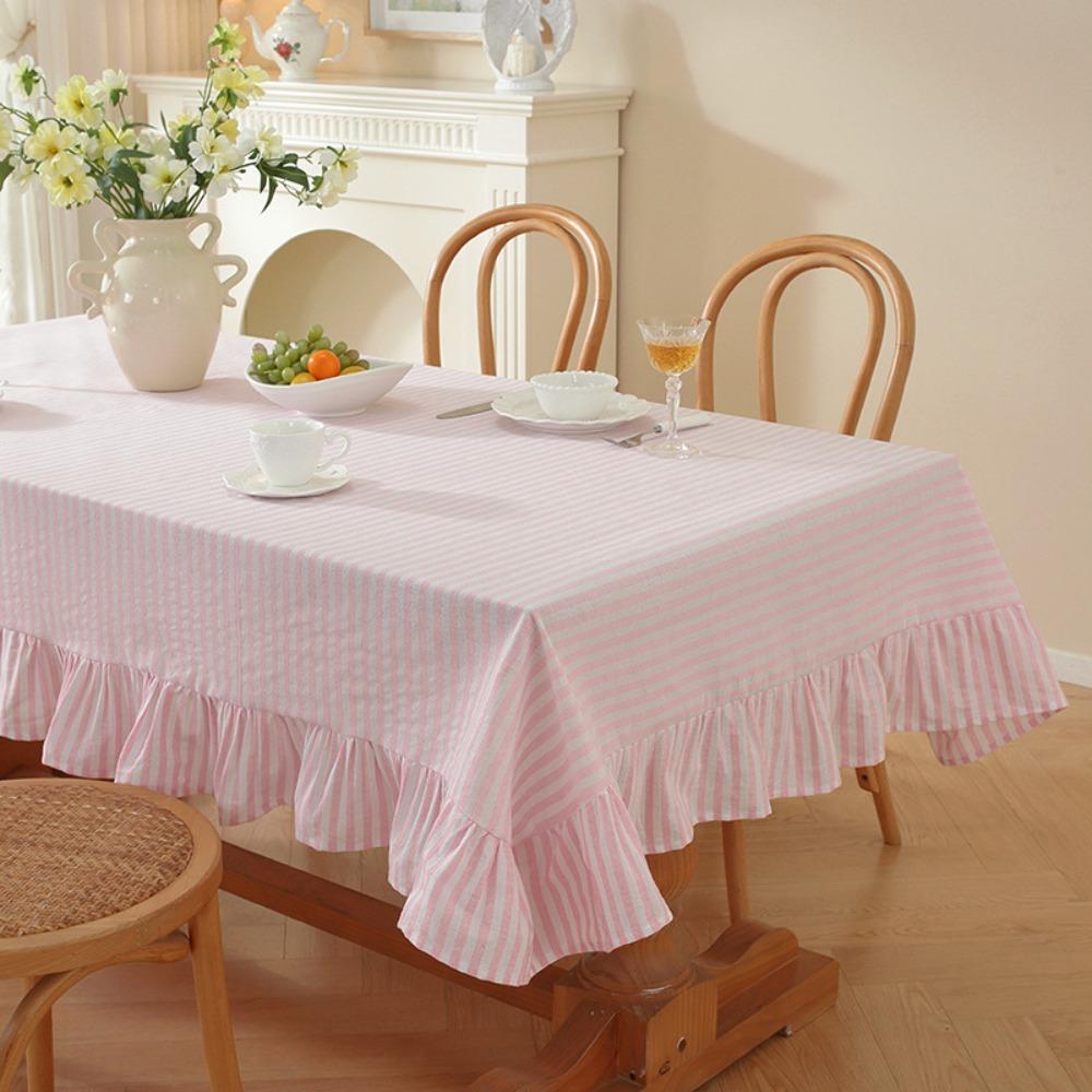 Vertical Striped Table Cover Washable Wrinkle-Resistant Farmhouse Tablecloth Ruffle Trim Striped Ruffle Tablecloth Dining Party