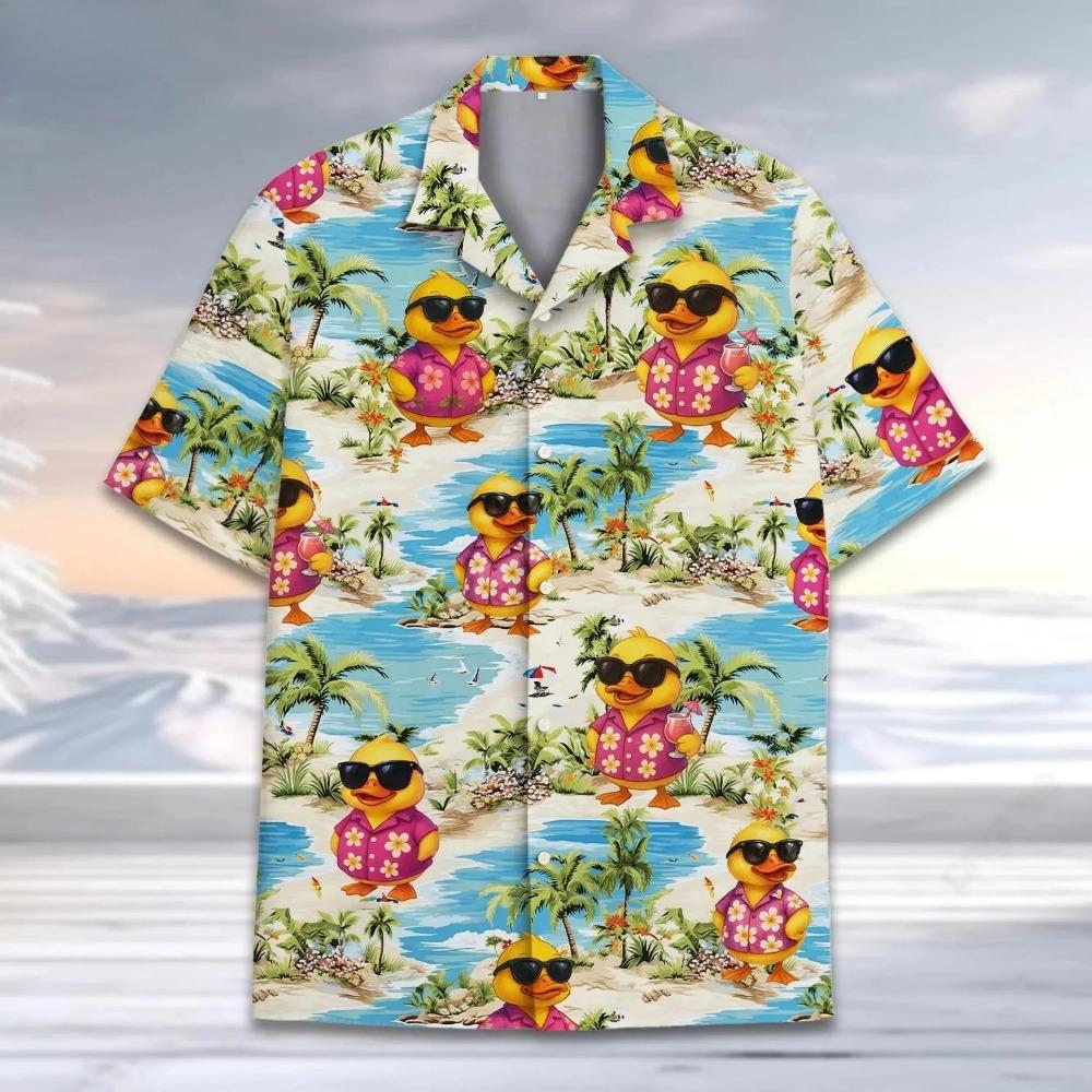 Lustige Neon-Gummiente Hawaiian-Hemd für Herren Galaxie Gelbe Ente Herren Hawaiianisches Lässiges Hemd mit Knöpfen Kurzarm-Hemd Tops