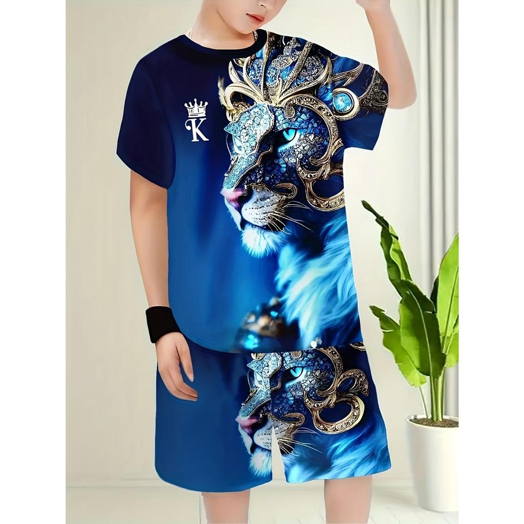 3D Printed Short Sleeves and Shorts for Boys, Printed Shorts Set, Suitable for Outdoor Activities