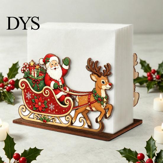 Santa Claus Tissue Organizer Christmas Wooden Holder, Napkin Dispenser with Gingerbread House Elk Seasonal Dining Table Accessory Pattern, Decorative