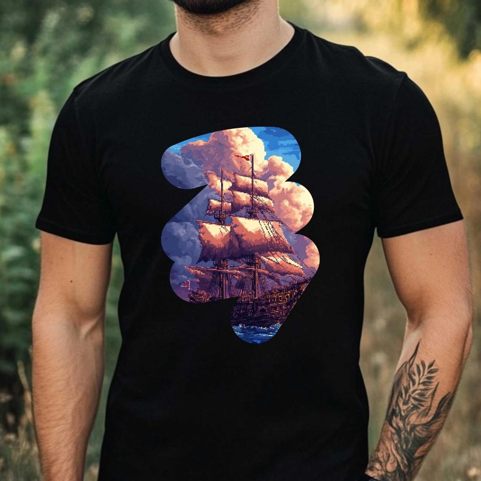 T-Shirt Herren Piratenschiff Pixel Art Motiv Baumwolle Größe XS bis 5XL XXL