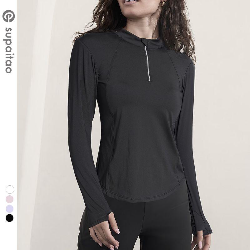 

Non-Returnable] Long Sleeves Yoga Clothing Top Loose Workout Clothes Quick Drying Clothes Blouse Slim Looking Training Turtleneck Women Black XL
