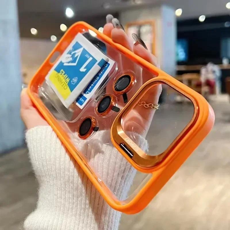Clear Lens Metal Ring Stand Phone Case For IPhone 16 15 14 13 12 11 Pro Max Plus Camera Glass Protection Transparent Cover