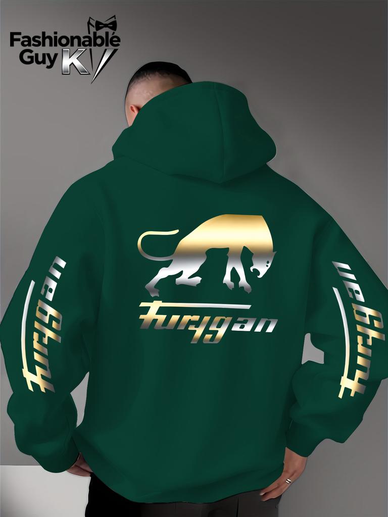 Metallic Gradient Wild Beast Silhouette and Letter Print Back & Sleeves Men Hip Hop Sports Hoodie Street Casual Loose Pullover