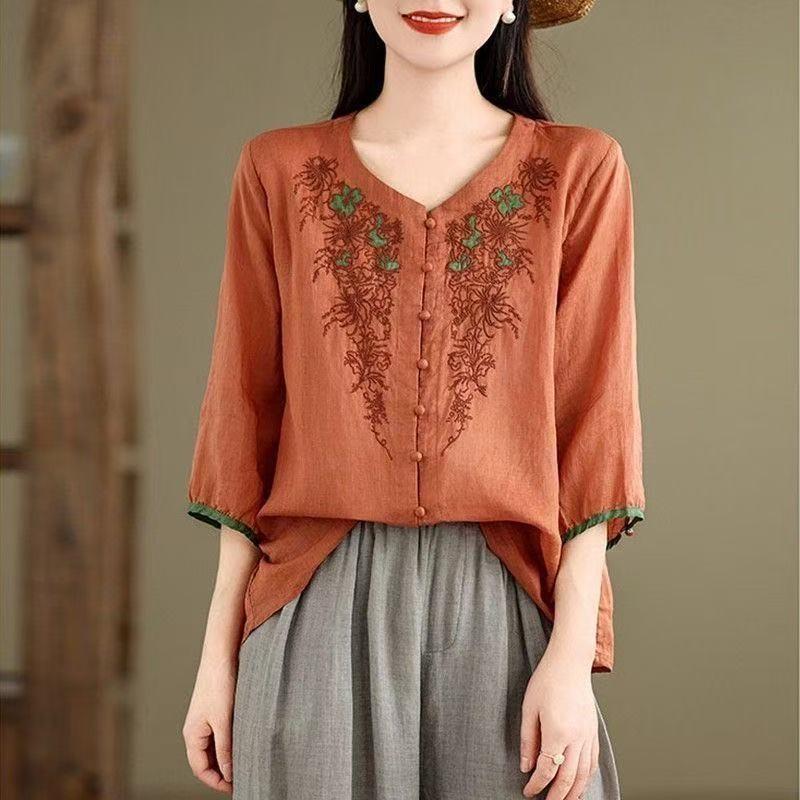 Vintage Hemden Sommer Stickerei Blumenbluse Damen Lässig 3/4 Ärmel Arbeit Blusen Locker Hemd Knöpfe Oberteile