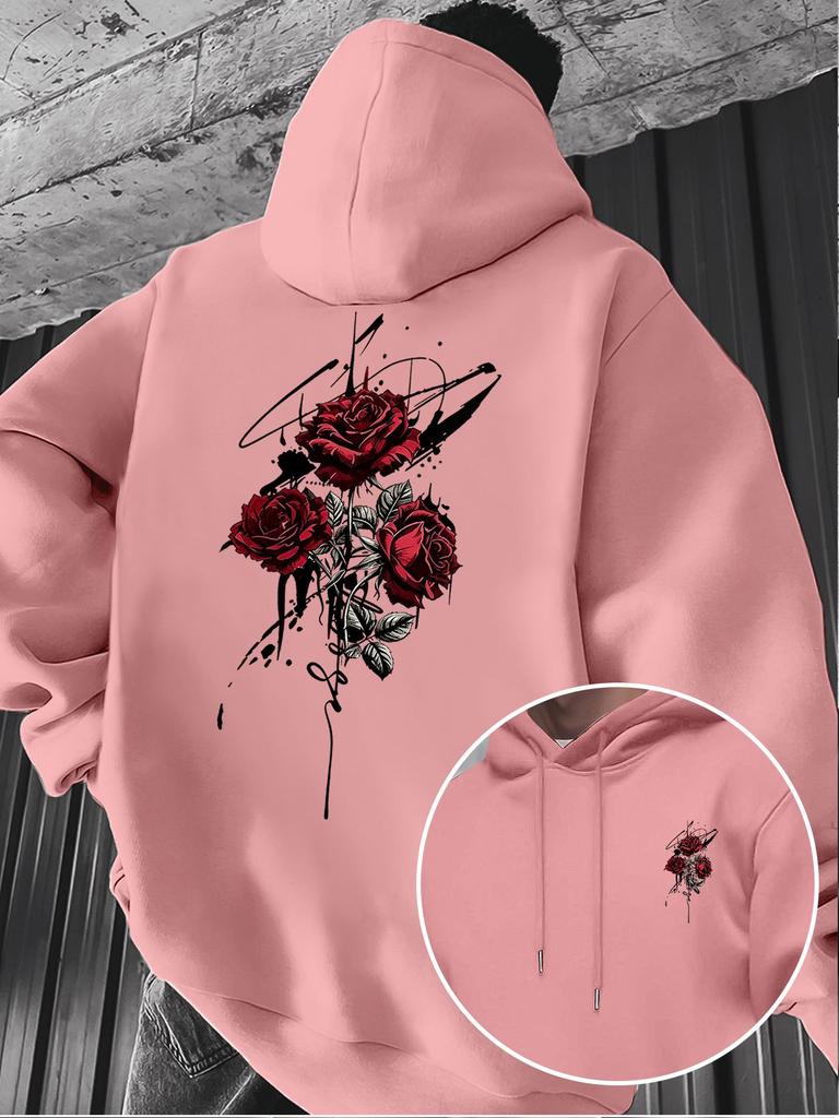 Retro Red Rose Splatter Art Print Hooded Sweatshirt for Men, High Street Niche Casual Pullover Long Sleeve Hoodie