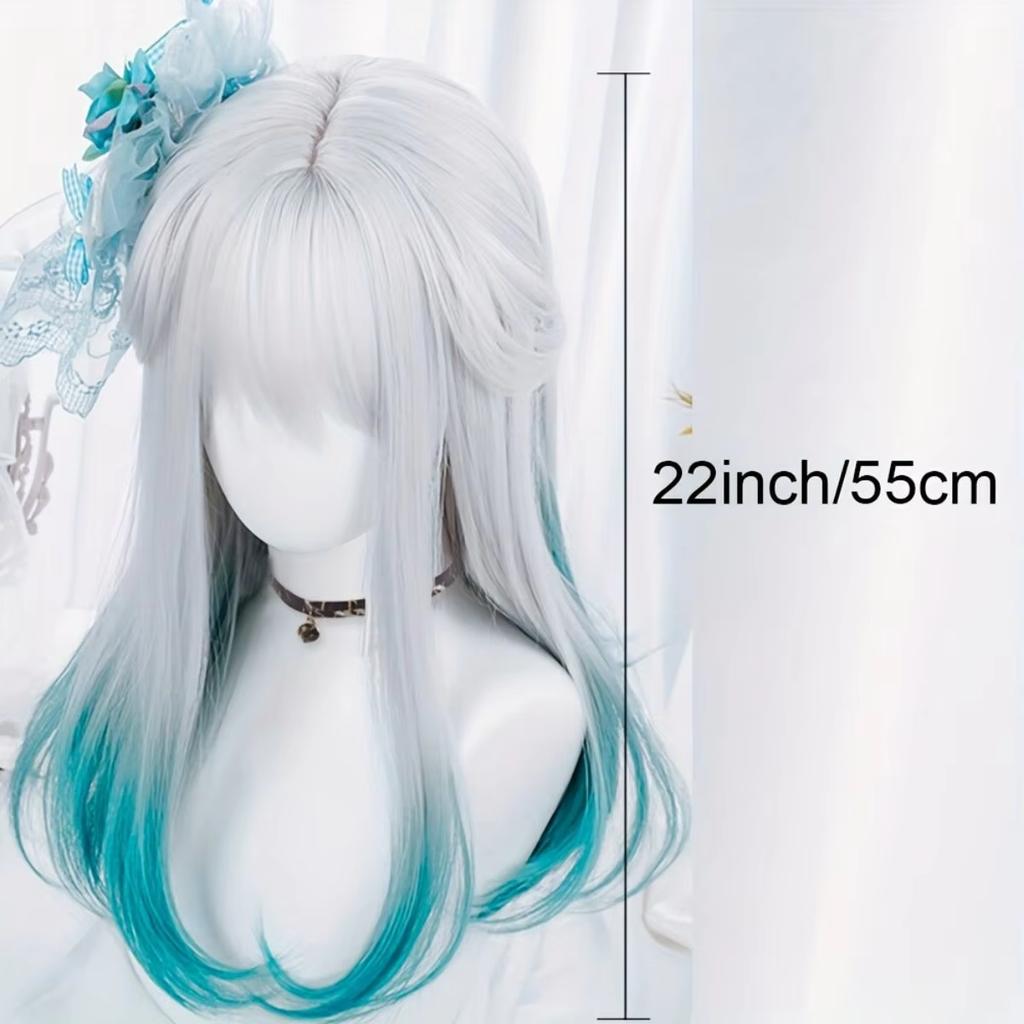 Blue White Gradient Bangs Straight Synthetic Wig with Ponytail Anime Party Cosplay Fashion 2025 New Fiber Hairdo