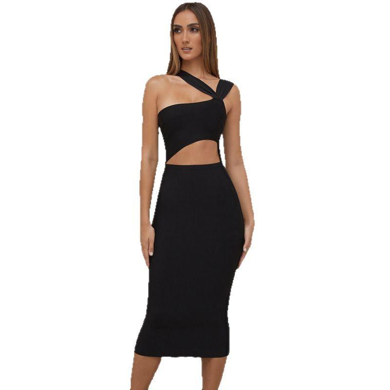 2026 European and American spring new single shoulder tube top medium and long solid color party dress female sexy