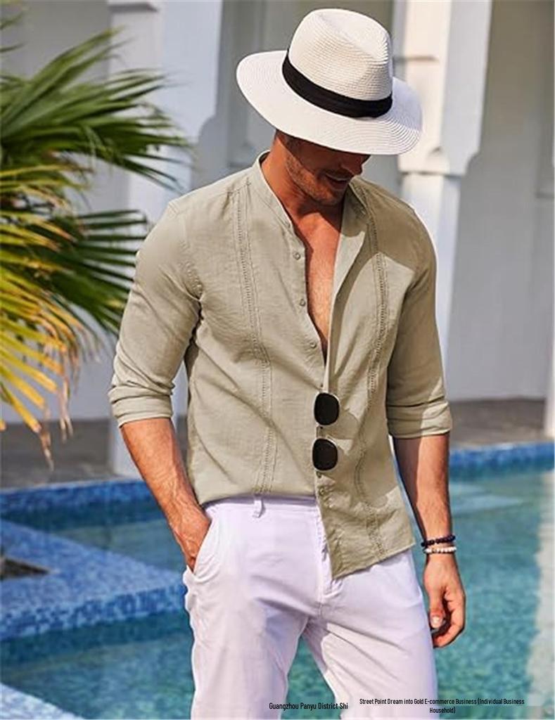 Men's Casual Cotton Linen Stand Collar Shirt - European & American Style for Summer Beach Vacation 2023