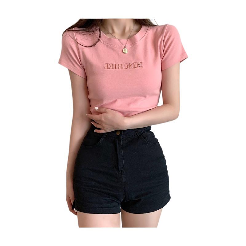 2025 Summer Korean Slim-Fit Embroidered Letter Short-Sleeve Women's Fashion T-Shirts