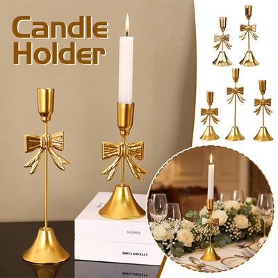 Gold Iron Candle Holder Intricate Christmas Golden Bow Candle Holder Festive Bow Candlestick Props Table Decor Accessories