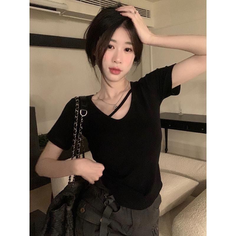 Bílé tričko s výstřihem do V a krátkým rukávem Dámské Letní Nové Sladké a Pikantní Nepravidelné Krátké Slim Studentské Top