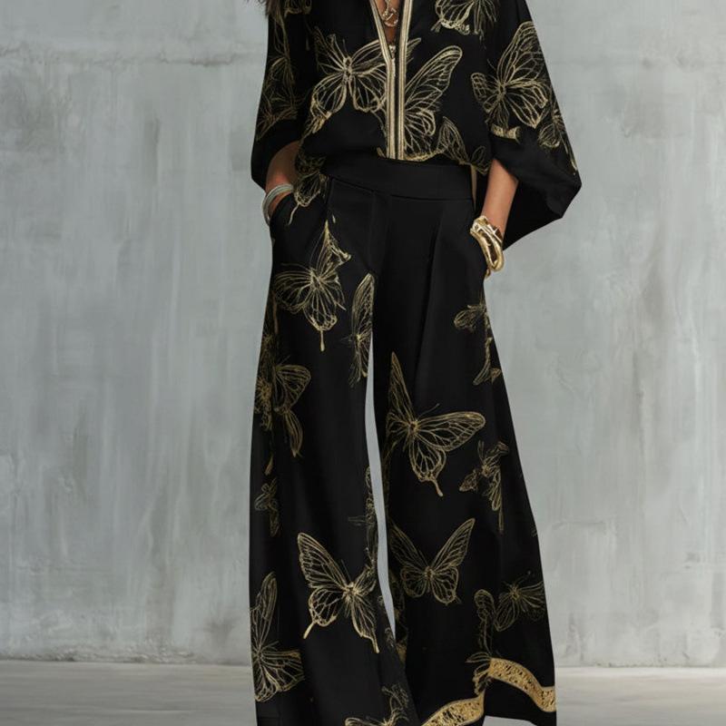 1116 New European and American Style Fashion Luxury Black Gold Baroque Print Nine-quarter Sleeve Wide-leg Pants Set Women's Two-piece Set