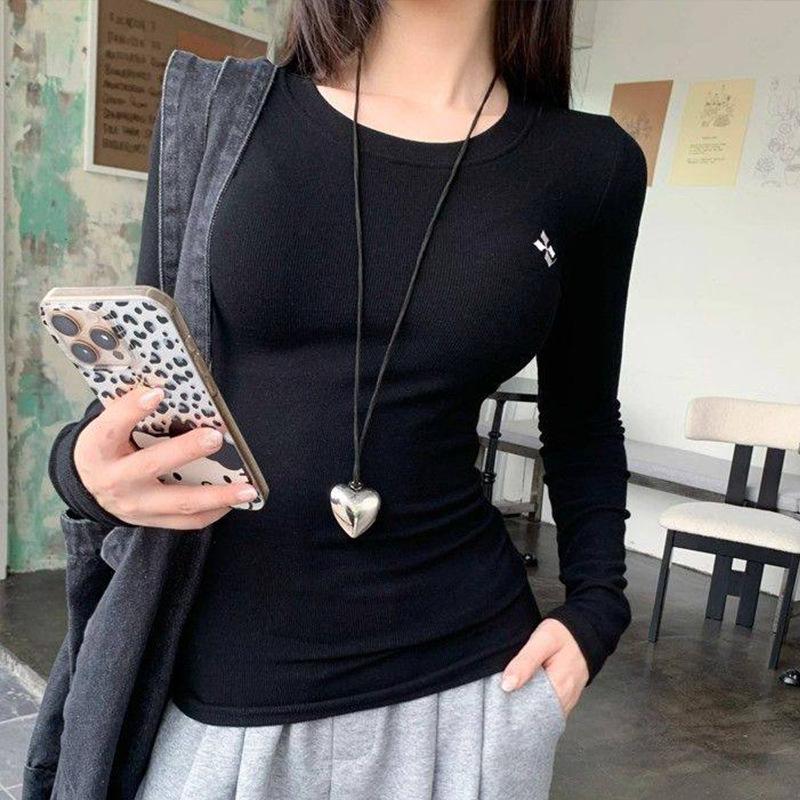 Women's Slim Fit Long Sleeve Embroidered Top - Round Neck, Elastic, Elegant Base Layer for Autumn & Winter