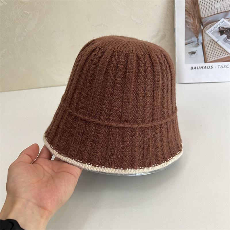 Simple bucket hat women's autumn and winter new contrasting color knitted bucket hat fashion sunshade sunscreen hat