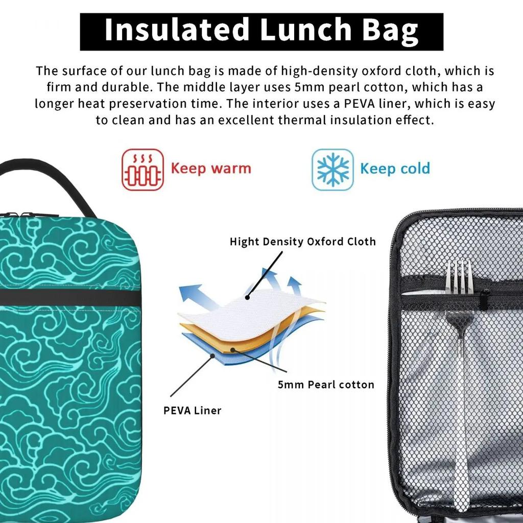 Japanese Clouds Insulated Lunch Bags for School Office Turquoise And Aqua Cloud Portable Cooler Thermal Lunch Box Women Children
