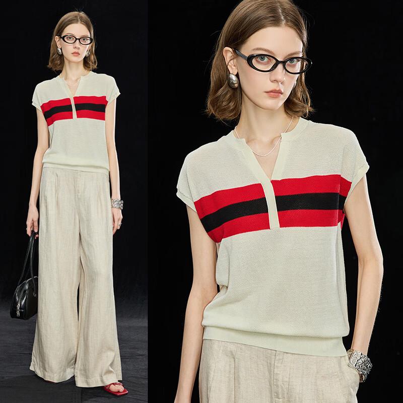 Wudao 100% Tencel French V-neck Striped T-shirt XL