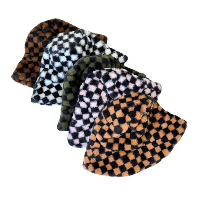 Plaid Fashion Checkerboard Plush Fishermans Hat Female Autumn And Winter Warmth