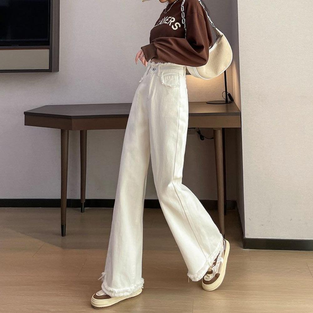 Damen High Waist Weite Beine Jeans Roh Fransen Saum Locker Lässig Lange Jeanshose Für Tägliche Streetwear