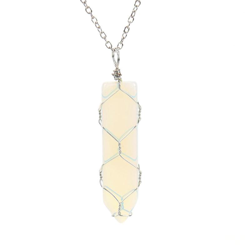 Handmade Sword-Shaped Amethyst Agate Crystal Mesh Bag Pendant Necklace