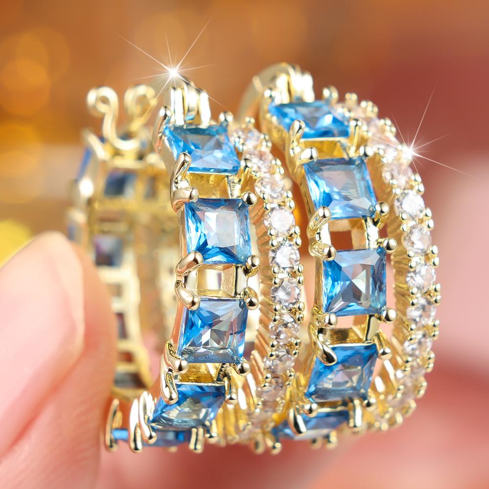 Fashion Gold Color Square Blue White Zircon Double Row Hoop Earrings for Women Party Luxury Jewelry