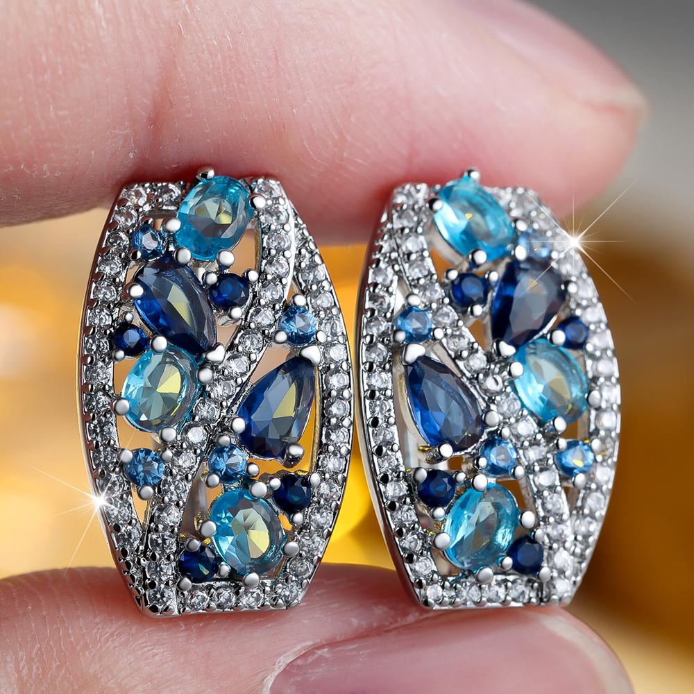 Bunte Weiß Blaue Zirkon Clip Ohrringe für Damen Silberfarben Hochzeitsparty Schmuck Geschenke