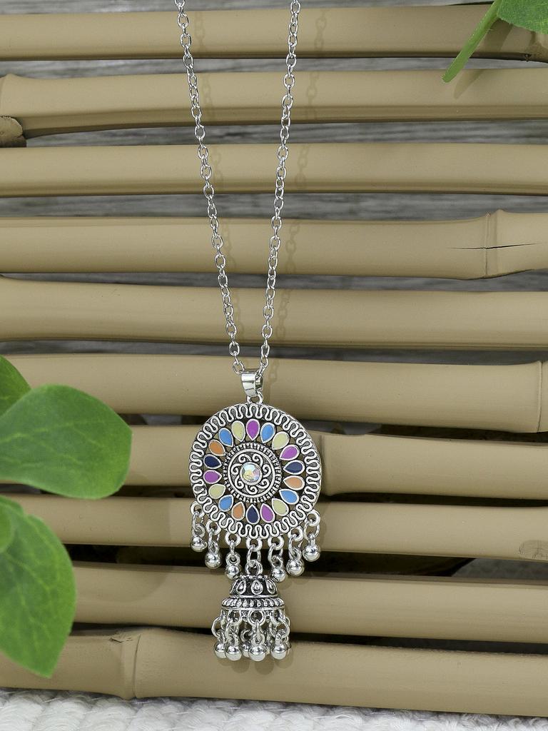 Bohemian Style Earring Necklace Set with Retro Ethnic Style Inlaid Multi-color Zircons for Women's Set